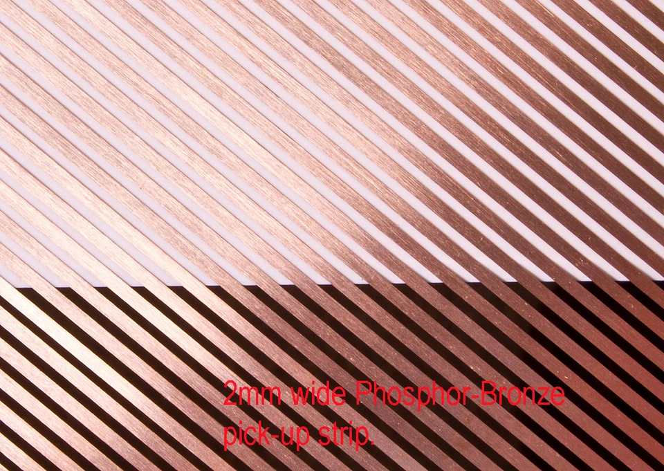 Six pieces of 2mm wide phosphor bronze loco power pick-up strip. 175mm lengths.