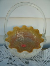 Vtg--Murano Glass Basket--Gold Beige Sparkle/Crackle Inside-New Foil Label