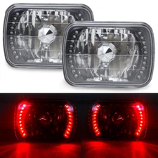 7" Inch 7X6" LED Red SMD Halo Black&Chrome Sealed Beam Square Headlights Lamps