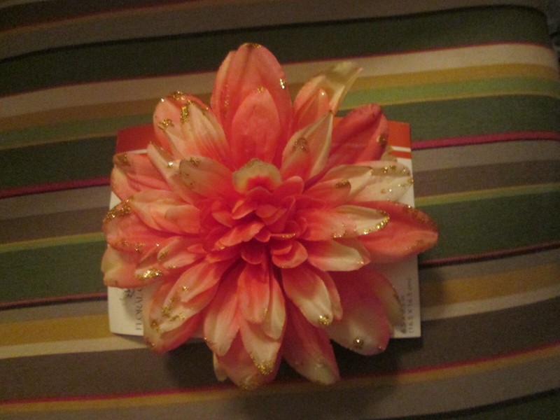 FESTIVE DAHLIA CLIP ON SILK FLOWER  DELUXE GARDEN CORAL OMBRE GOLD GLITTER NEW