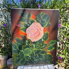 Oil Painting Still Life Pink Rose And Green Leaves 
