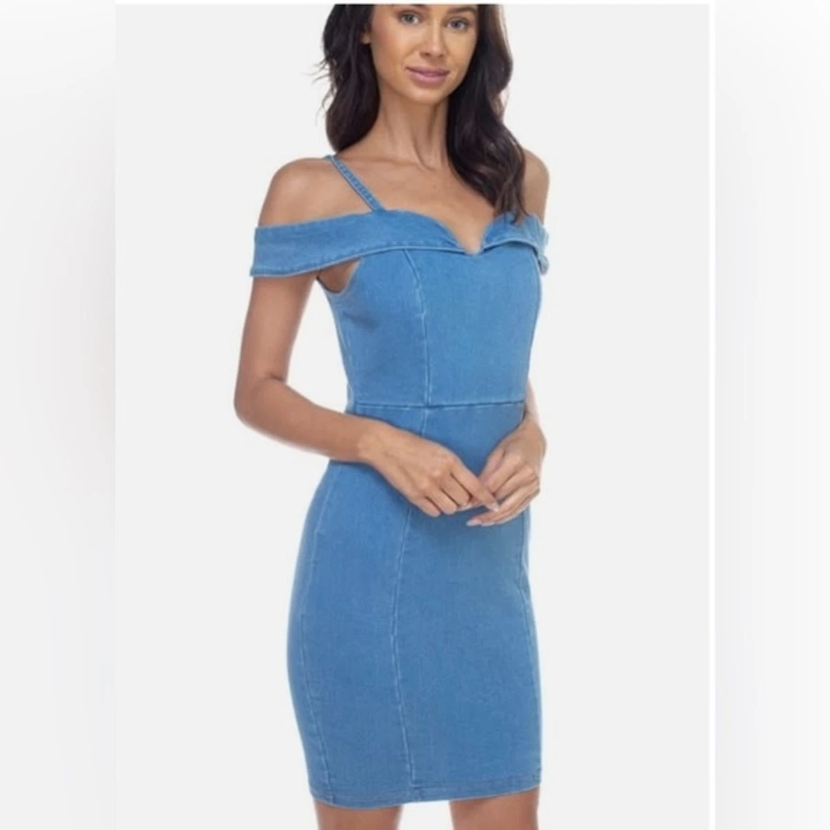 Haute Monde Women Medium Wash Stretch Denim Dress Off the Shoulder Size  Medium | eBay