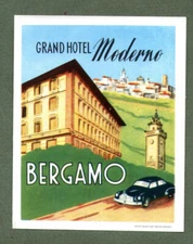 RARE Hotel luggage label ITALY Grand BERGAMO  nice image  #405a