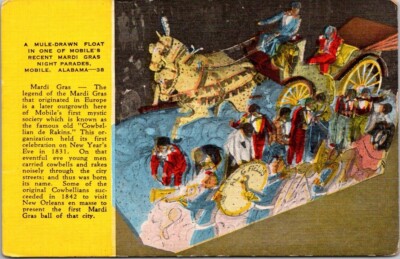 Mardi Gras Night Parade float. Mibile, Alabama.  Vintage Linen Postcard