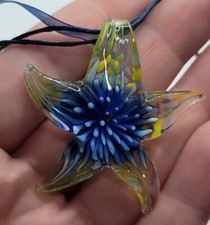 Starfish Star Art Glass Blue Yellow 17" Necklace Handmade Pendant