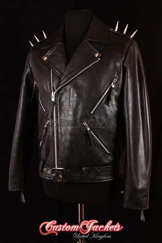 Men's GHOST RIDER Black METAL SPIKES Motorcycle Motorbike Biker Leather Jacket