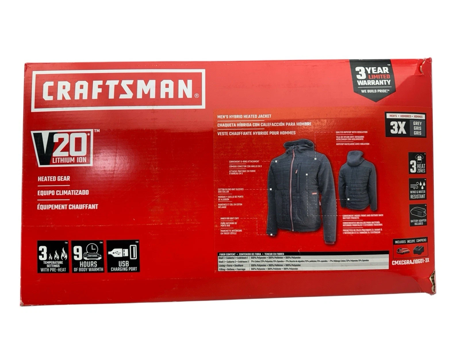 Craftsman 20V Men's Hybrid Heated Jacket 3XL Gray w/Battery CMXCGRAJ10GD1-3X (OB
