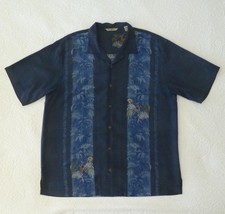 Tommy Bahama 100 Silk Hawaiian Blues Embroidered Palms Aloha Camp Shirt XL 51"C