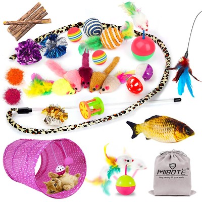 28Pcs Cat Toys Kitten Toys Assorted, Cat Tunnel Catnip Fish Feather Teaser Wa...