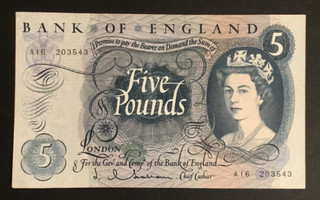 Banknote Of England Five Pounds JQ. Hollom. A16. First Series. Excellent Cond.