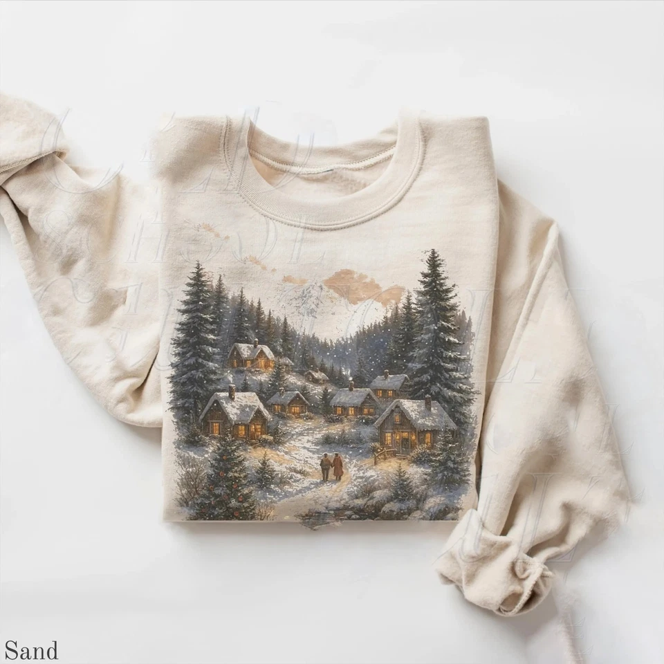 Sudadera Retro Navidad Invierno Pueblo, Años 90 Vintage Pinos Cuello Redondo Sudadera Foto 3 de 4