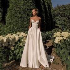 Modern A-Line Wedding Dress V-Neck Satin Pleat Open Back Sleeveless Bridal Gowns
