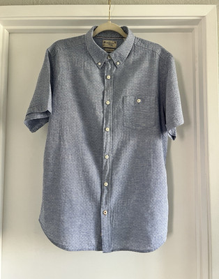 Weatherproof Vintage Men's L Blue Textured Linen Cotton SS Button-Down Pockets