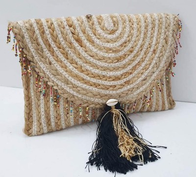 Clutch Boho Natürliche Jute & Baumwollstoff Geflochtene Quaste Geldbörse...