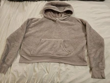 Arizona Jean Co Sherpa Fleece Hoodie Womens L Taupe Cropped Cozy Pullover