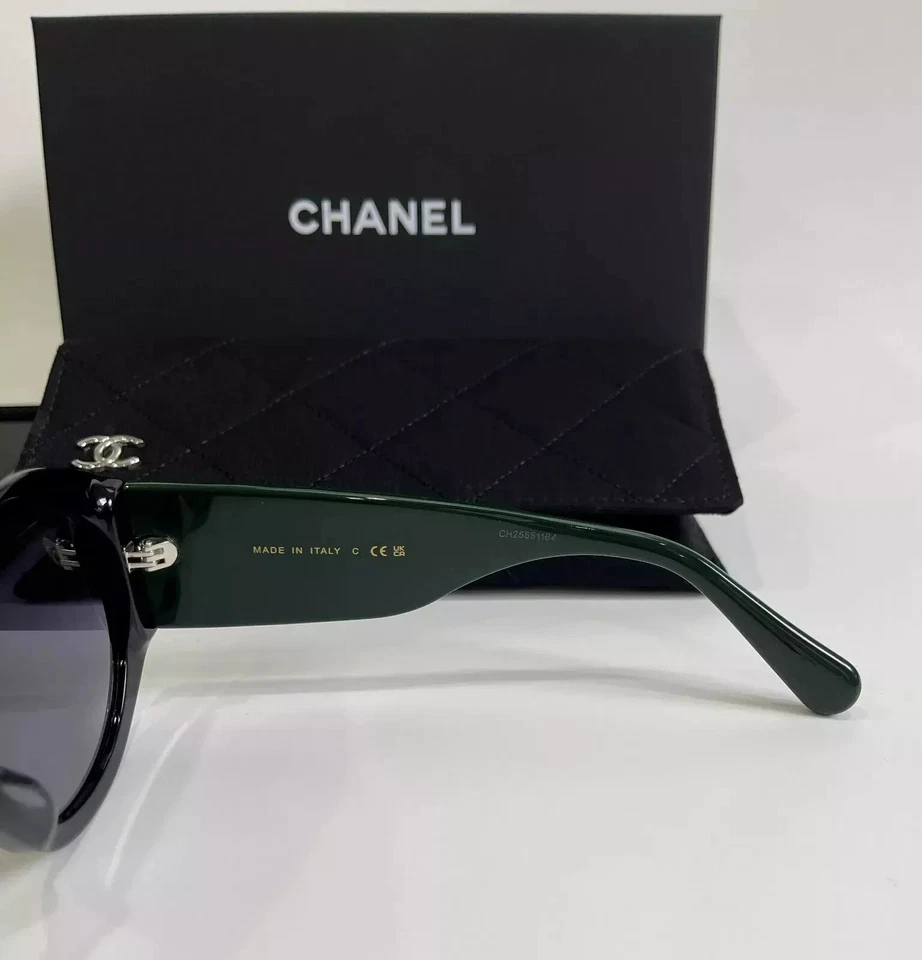 NUEVO CHANEL 5486-A Negro y Verde - Gris Degradado Ovalado Acolchado Logo CC Gafas de Sol Foto 4 de 4
