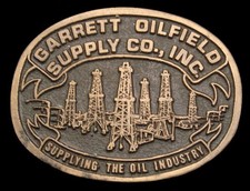 PA14104 VINTAGE 1970s GARRETT OILFIELD SUPPLY DERRICK LOGO OILFIELD BUCKLE