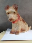 vintage  terrier dog chalkware  carnival prize red bow collar    repaired — photo 1