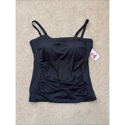 Lands' End Bandeau Strap Wireless Ruched Classic Black Tankini Top Size 16