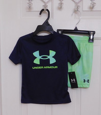 NWT 2pc Under Armour Navy Green Blue Logo Shirt  Shorts Set sz 24 Months