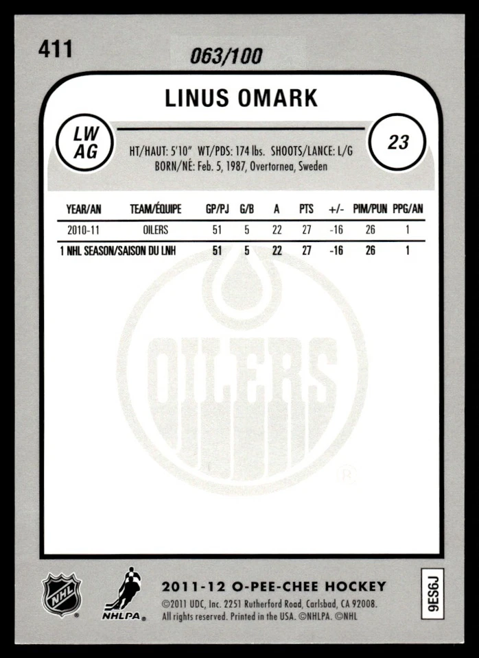 2011-12 O-Pee-Chee Black Rainbow Linus Omark 063/100 Edmonton Oilers #411 - Image 2 of 2