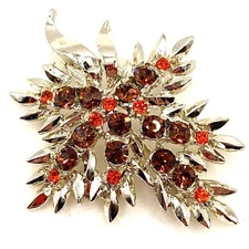 Vintage Dodds SilverTone Brooch Pin Shiny Leaf Fall Orange Smoky Rhinestones L