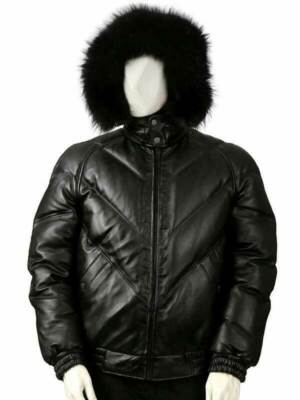 Men's Puffer Faux Fur Hooded V Bomber Real Lambskin Napa Leather Winter  Jacket | eBay