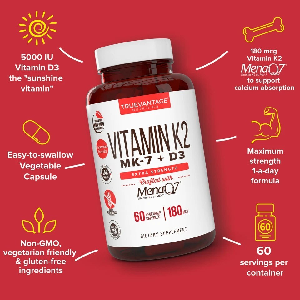 Vitamina K2 D3 con 180mcg K2 y 5000 UI D3 suplemento para la salud del corazón y los huesos Foto 2 de 4