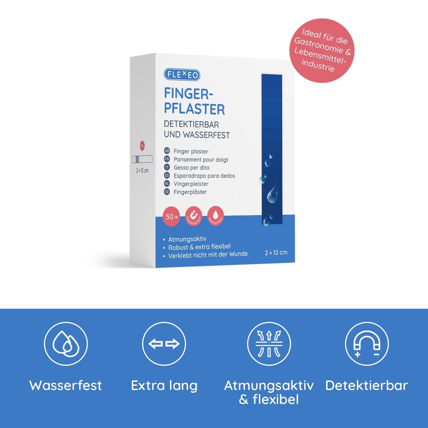 FLEXEO Fingerpflaster detektierbar wasserfest blau Lebensmittelindustrie, 50 Stk