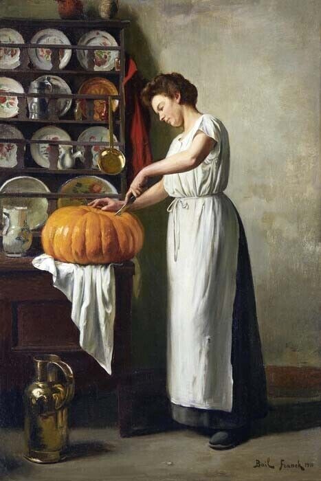 WOMAN CARVING THE PUMPKIN HALLOWEEN PAINTING BY FRANCK ANTOINE