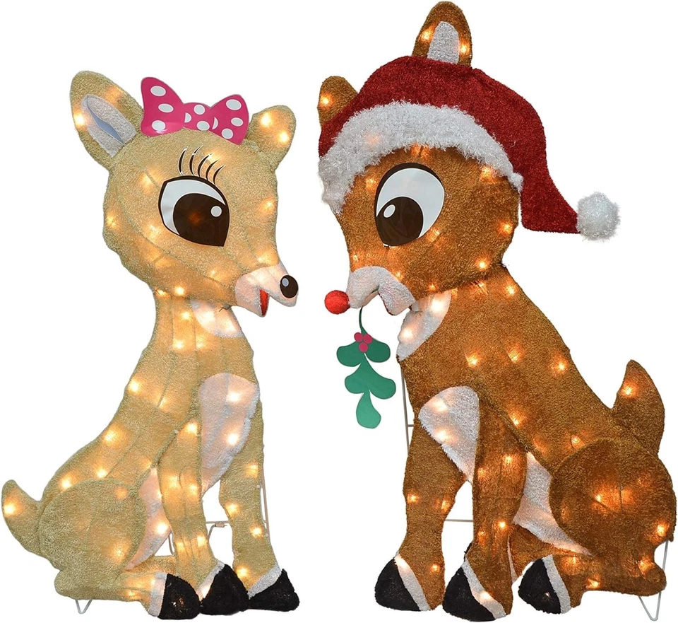 PRODUCTWORKS LLC 32" Rudolph Pre-Lit 2D Rudolph and Clarice Sitting with Mistletoe Christmas Deco
