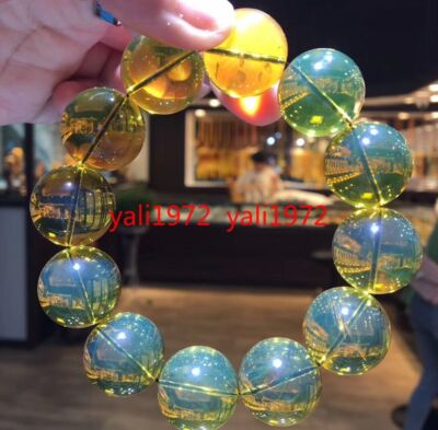 Certified 20mm Natural Dominican Green Blue Amber Round Beads Bracelet 7.5''
