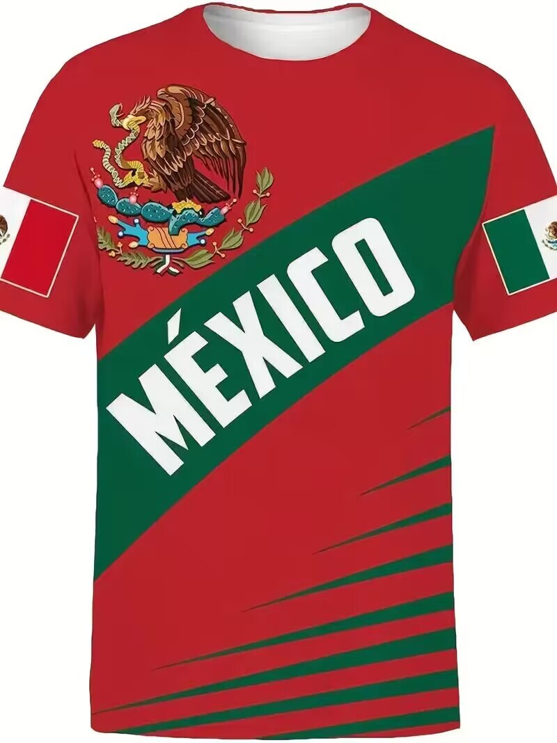 Camiseta Mexicana Azteca Águila Cactus Moda México Hombre Manga Corta Roja Verde - second product detail image