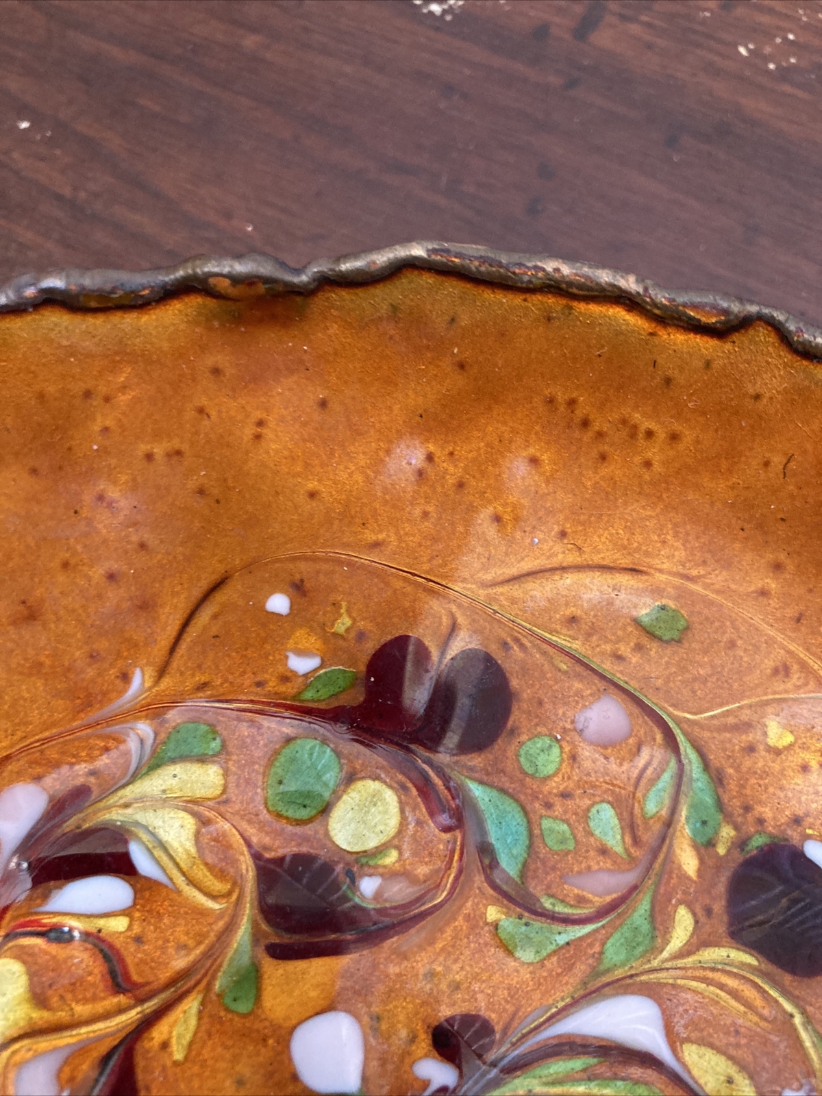 Vtg Handcrafted Enamel Copper Artisan Op Art Vessel Plate Dish Bowl Mcm