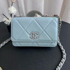 AUTH Chanel 19 WOC Light Blue Quilted Lambskin Silver Tone Hardware CrossbodyBag