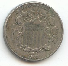 1870 Shield Nickel, Original XF