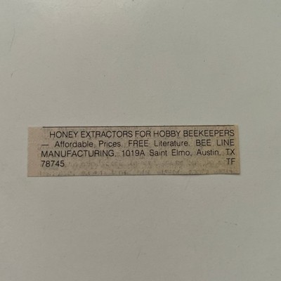 Bee Line Manufacturing Honey Extractors Austin TX 1985 Beekeeping Ad SAJ3-S13