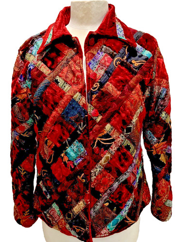 Coldwater Creek Quilted Patchwork Velvet Art Eclectic Jacket Blazer Womens Sz PM