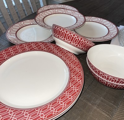 Lenox Party Link Red Dinnerware Set 10 Pc NWT Geometric Bands