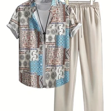 2-Piece Printed Men's Summer Short Sleeve Button-Up Shirt and Trousers Set
