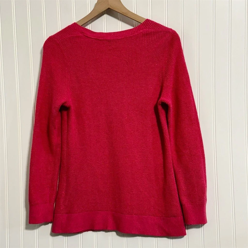 L.L.Bean Cotton Cashmere Sweater M Pink Waffle Knit Henley Button Pullover Cozy - Image 2 of 4