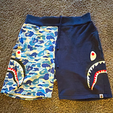 A Bathing Ape BAPE Blue Camo Shark Sweat Shorts Drawstring Logo Men s XL