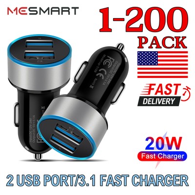 2 Ports 3.1A 20W USB C Fast Charging Adapter Cigarette Lighter Car Charger Lot