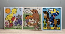 3 Vintage 1970s/80s Playskool Sesame St Wooden Puzzles Grover, Big Bird, Ernie