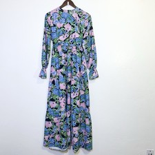 Terzi Dukkani Lorin Floral Long Sleeve Modest Maxi Dress Blue Pink Tiered