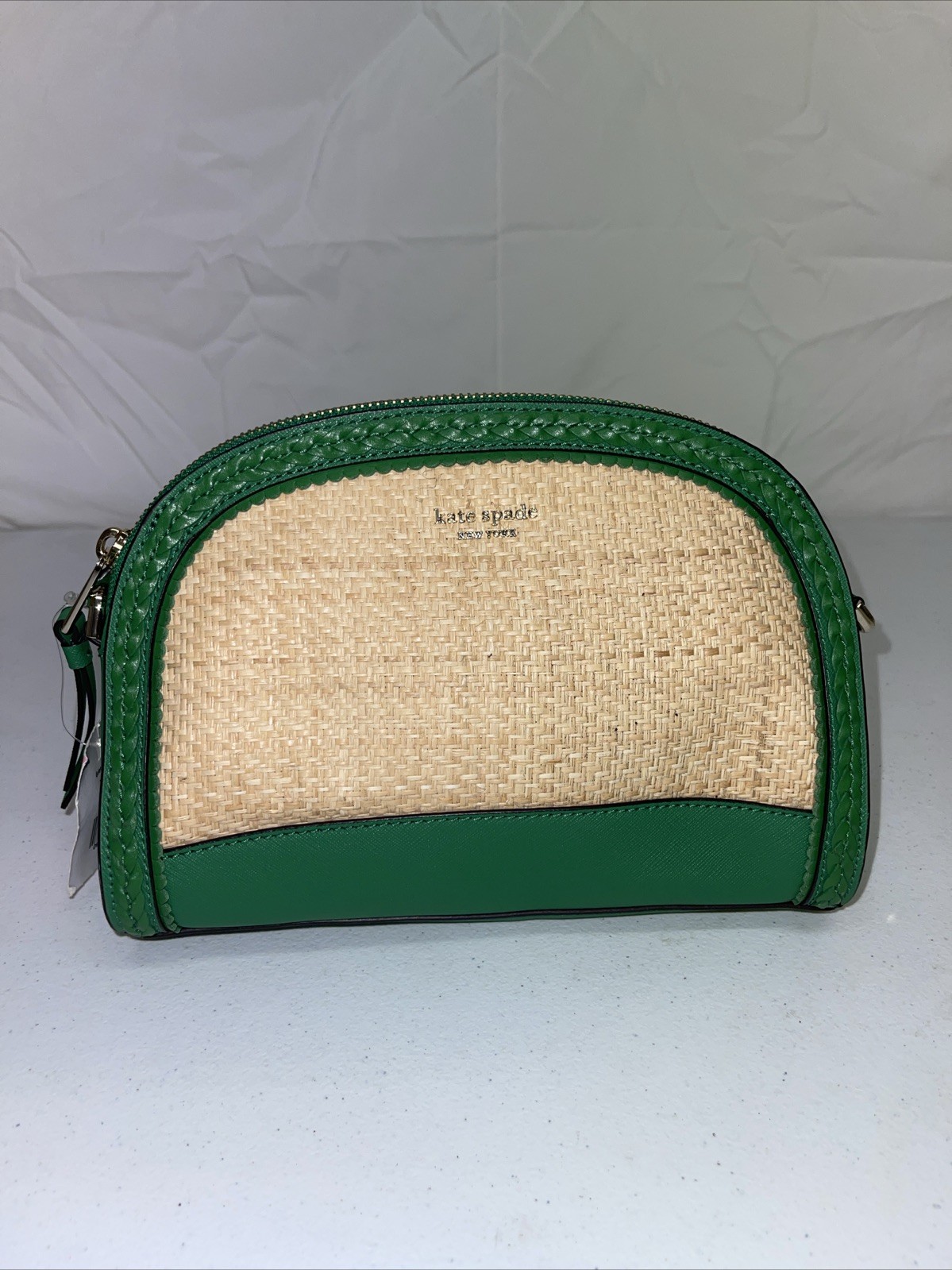 Kate Spade Green Straw Crossbody Bag Leather Bicolor Round Purse Strap