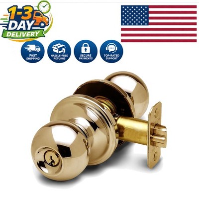 Keyed Entry Door Knob - Polished Brass Handle with Lock and Key, 1 Pack