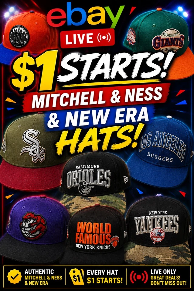 🔥 $1 STARTS! New Era & Mitchell & Ness Hats ALL NIGHT 🔥