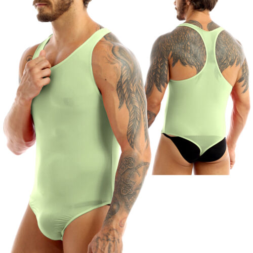 Men Sheer Mesh Tank Undershirt Leotard Nightwear Bodysuit Stretchy Thong Shirt - Picture 17 of 21