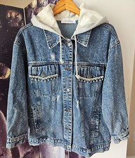 Jena Green By Apricot Lane Embellish Jean Jacket Distressed "trucker" Hoodie M/l